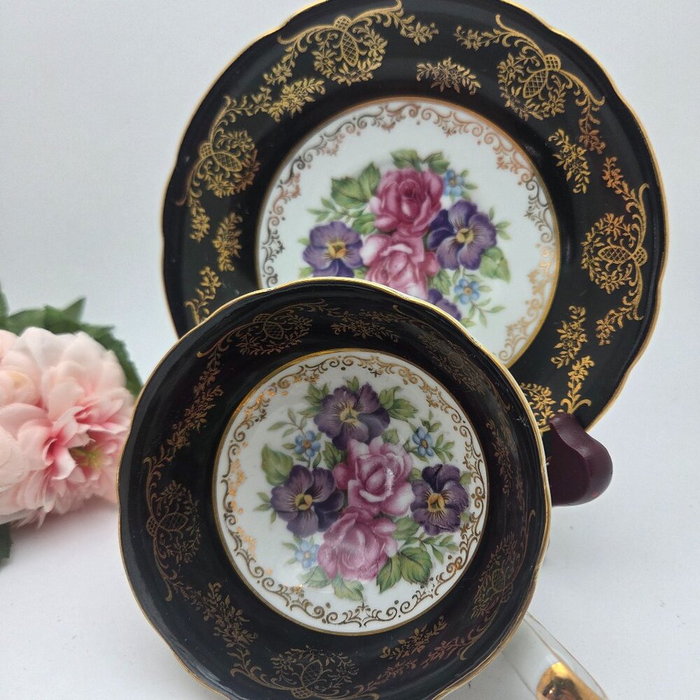 VTG Shafford Fine Bone China Tea Cup & Saucer Black White Gold Pink Purple Flow